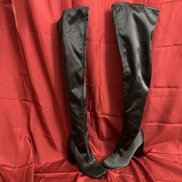 Marc Fisher tall over the knee gothic black satin heeled boots - Picture 2 of 6